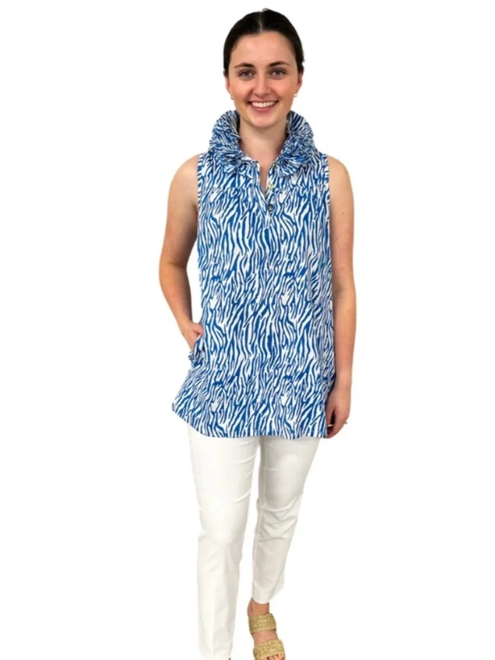 LIZA BYRD Newport Sleeveless Ruffle Collar Tunic in Blue White Zebra Stripe, NWT